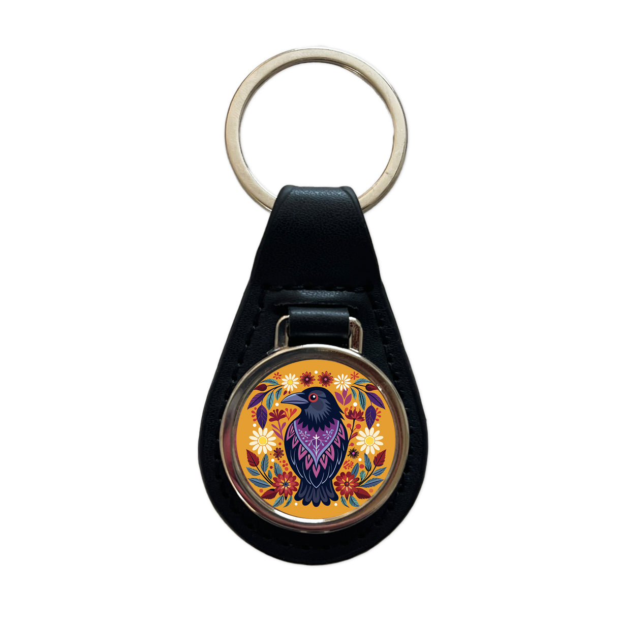 Raven Bird Floral Flowers Black Leather Metal Keychain