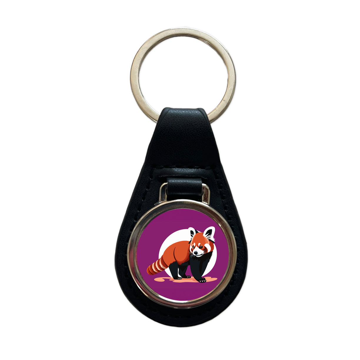 Red Panda Standing Black Leather Metal Keychain