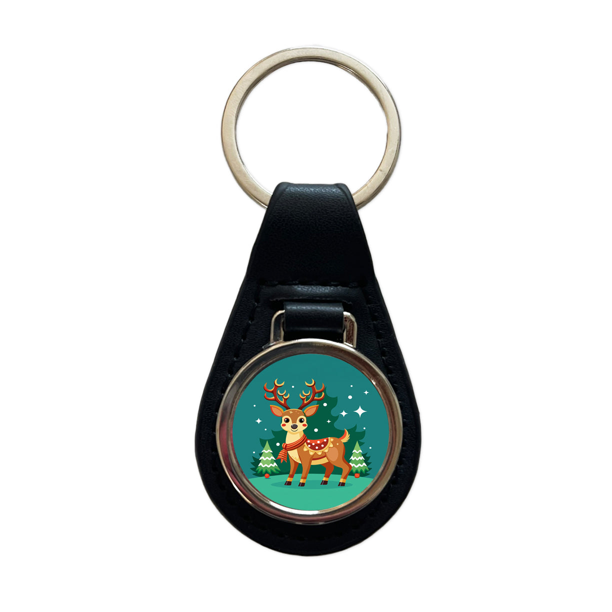 Reindeer Wearing Scarf Christmas Cute Black Leather Metal Keychain