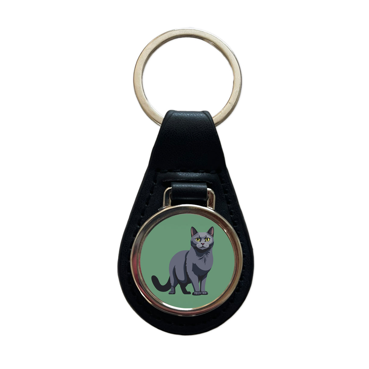 Russian Blue Cat Standing Black Leather Metal Keychain