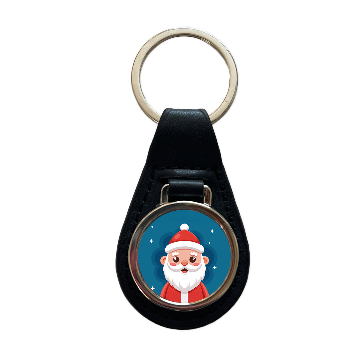 Santa Cute Xmas Christmas Black Leather Metal Keychain