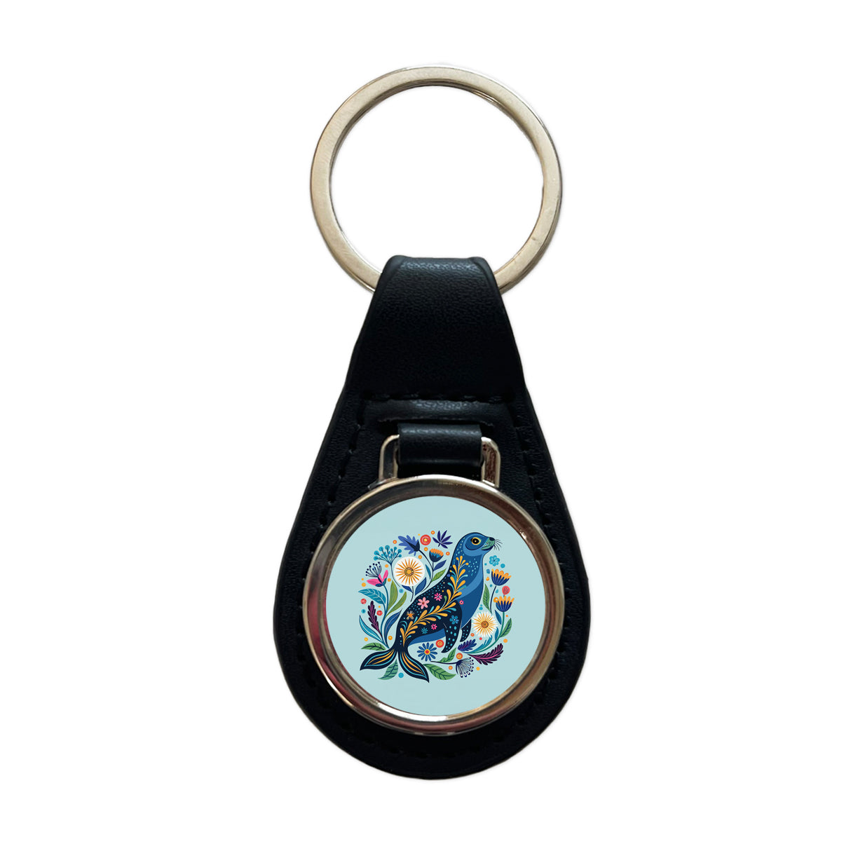 Sea Lion Floral Flowers Black Leather Metal Keychain