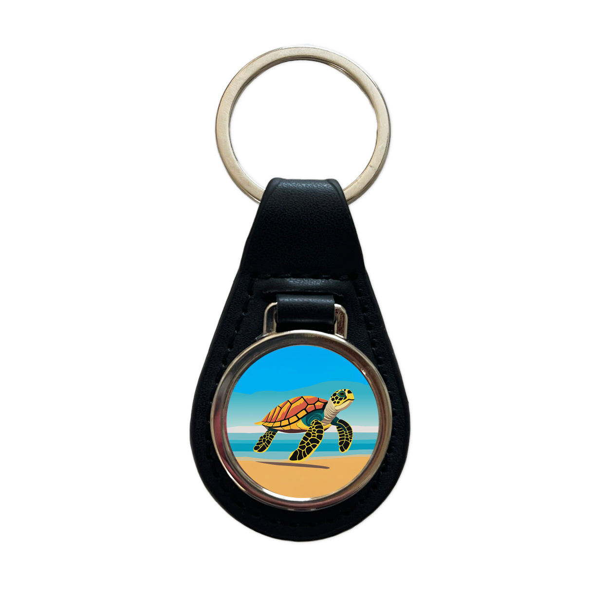 Sea Turtle Swimming Black Leather Metal Keychain