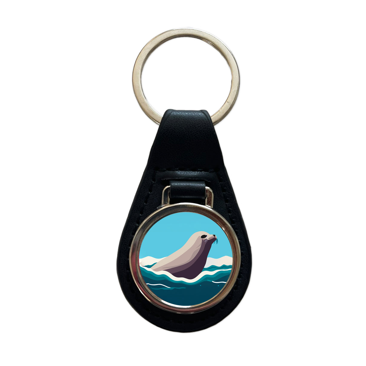 Seal Swimming in Ocean Sea Black Leather Metal Keychain