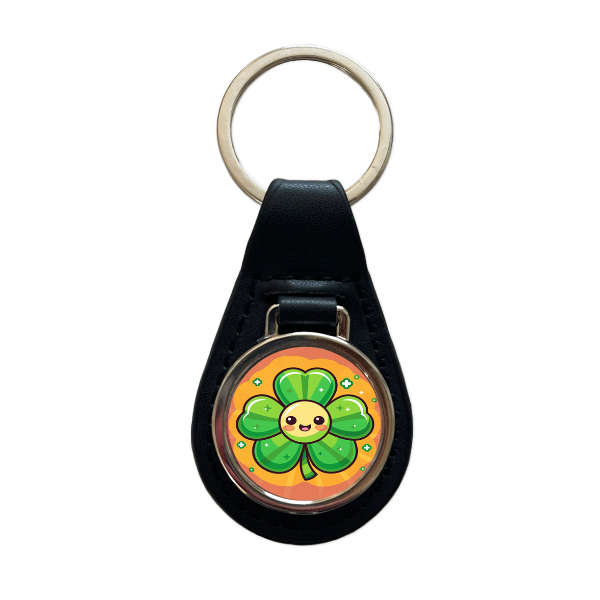 Shamrock Smiling Cute Black Leather Metal Keychain