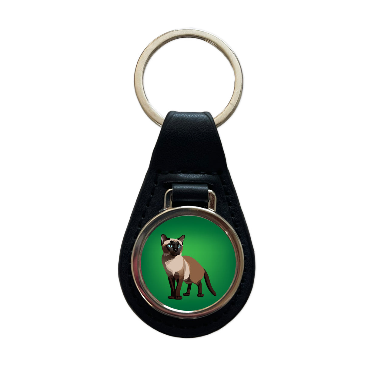 Siamese Cat Standing Black Leather Metal Keychain