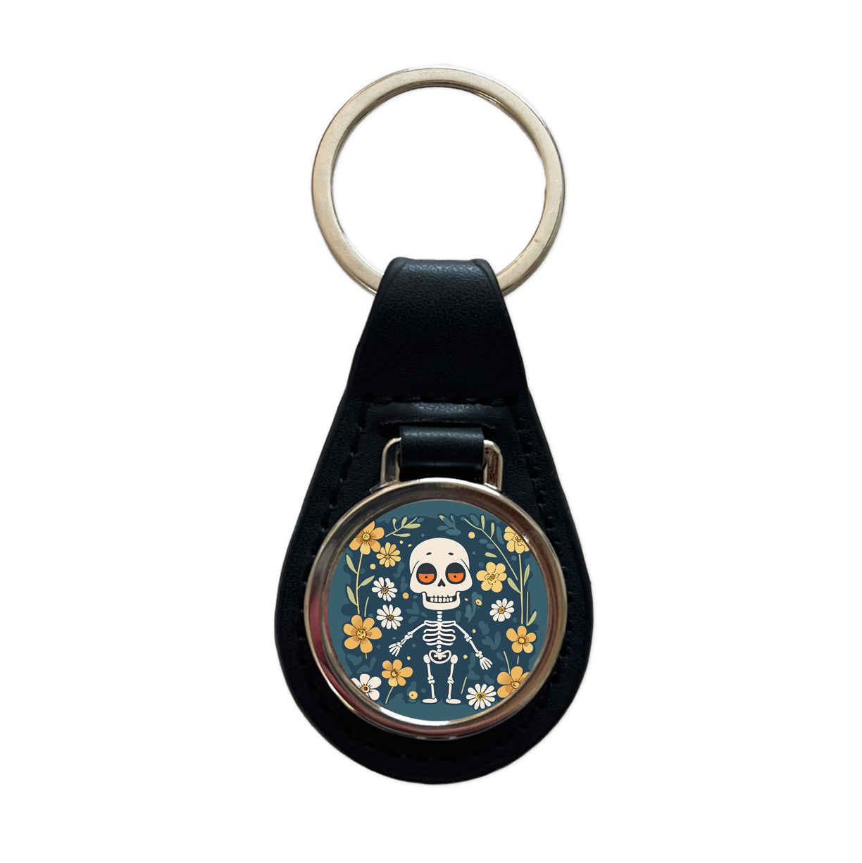 Skeleton and Flowers Funny Halloween Black Leather Metal Keychain