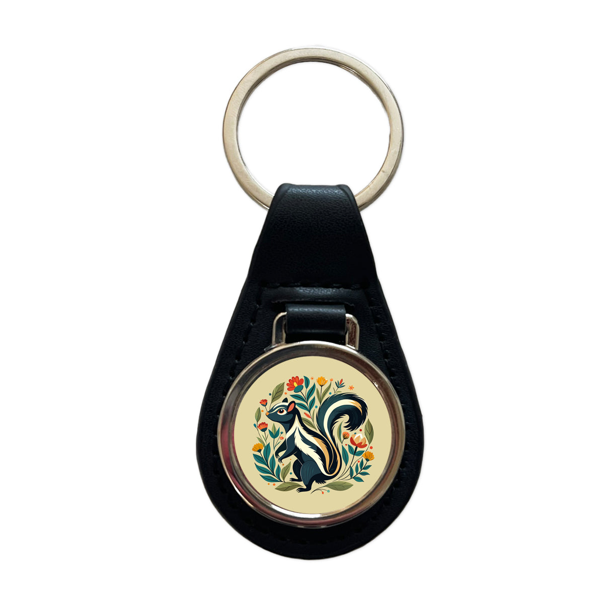 Skunk Floral Flowers Black Leather Metal Keychain