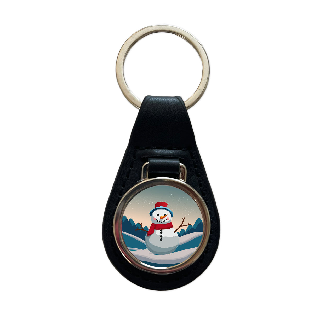 Snowman Happy Winter Christmas Black Leather Metal Keychain