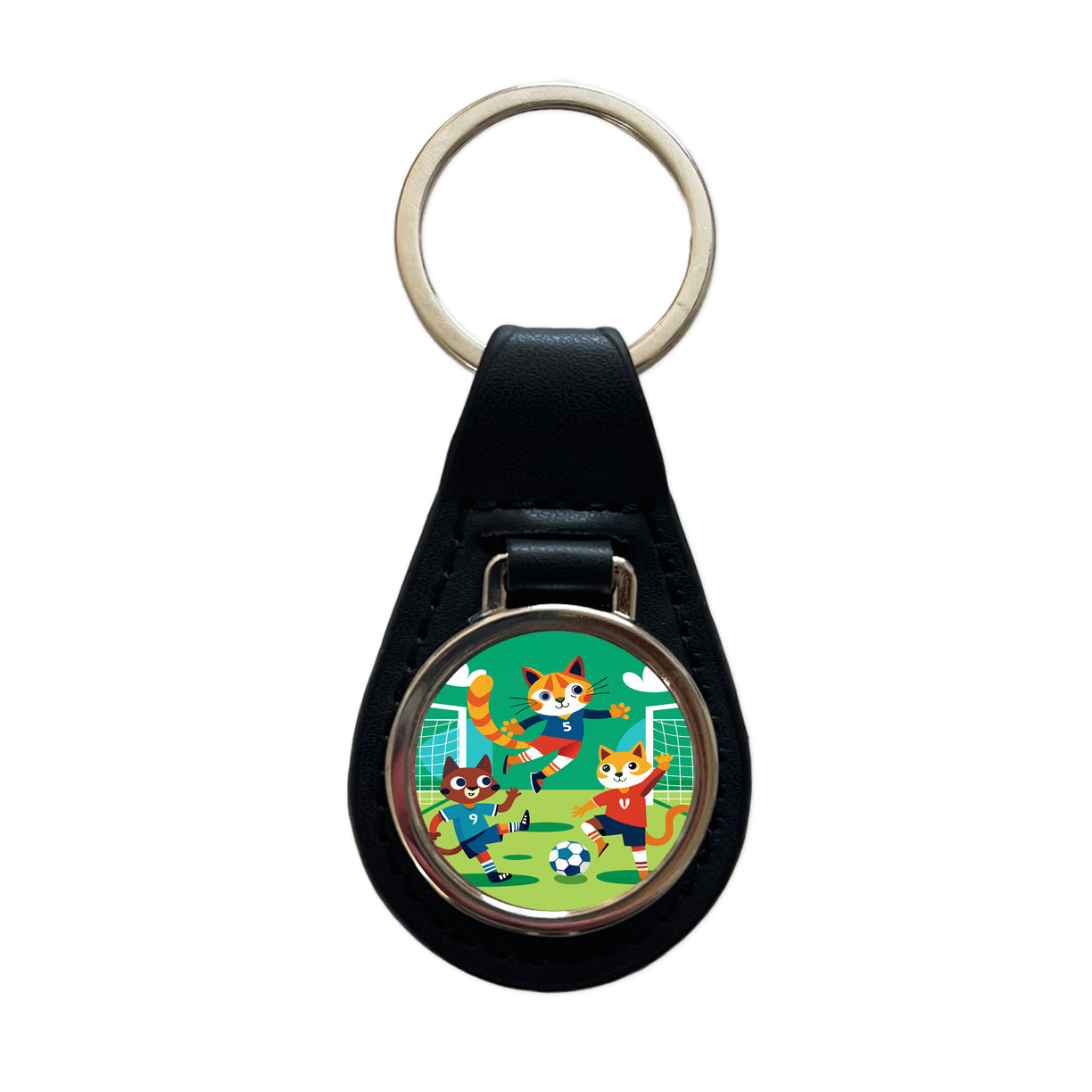 Soccer Cats Playing Ball Field Black Leather Metal Keychain