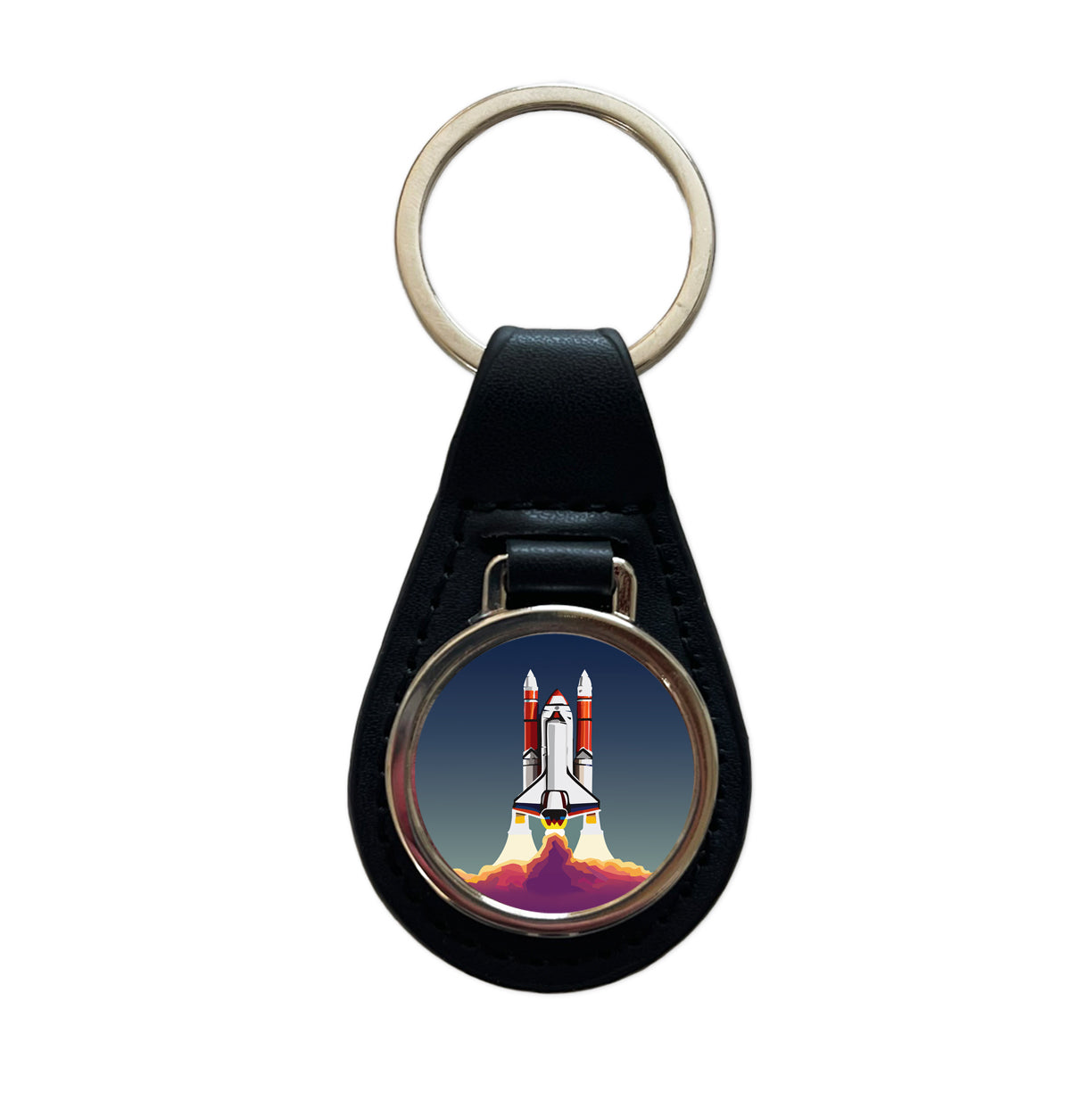 Space Shuttle Launch Blasting Off Black Leather Metal Keychain