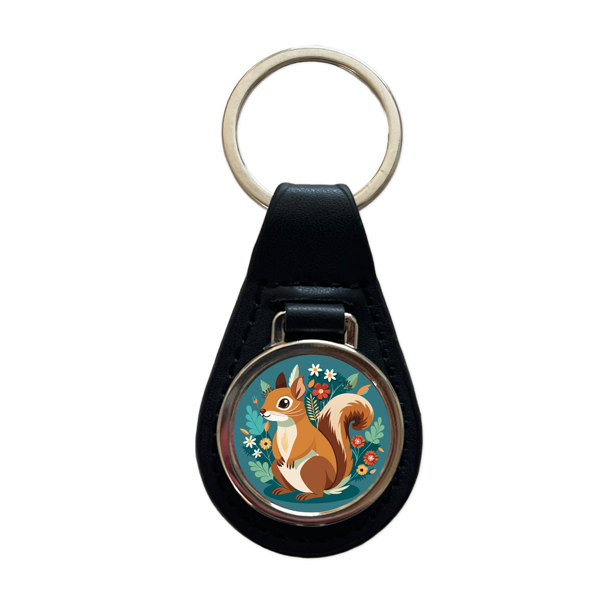 Squirrel Floral Flowers Black Leather Metal Keychain