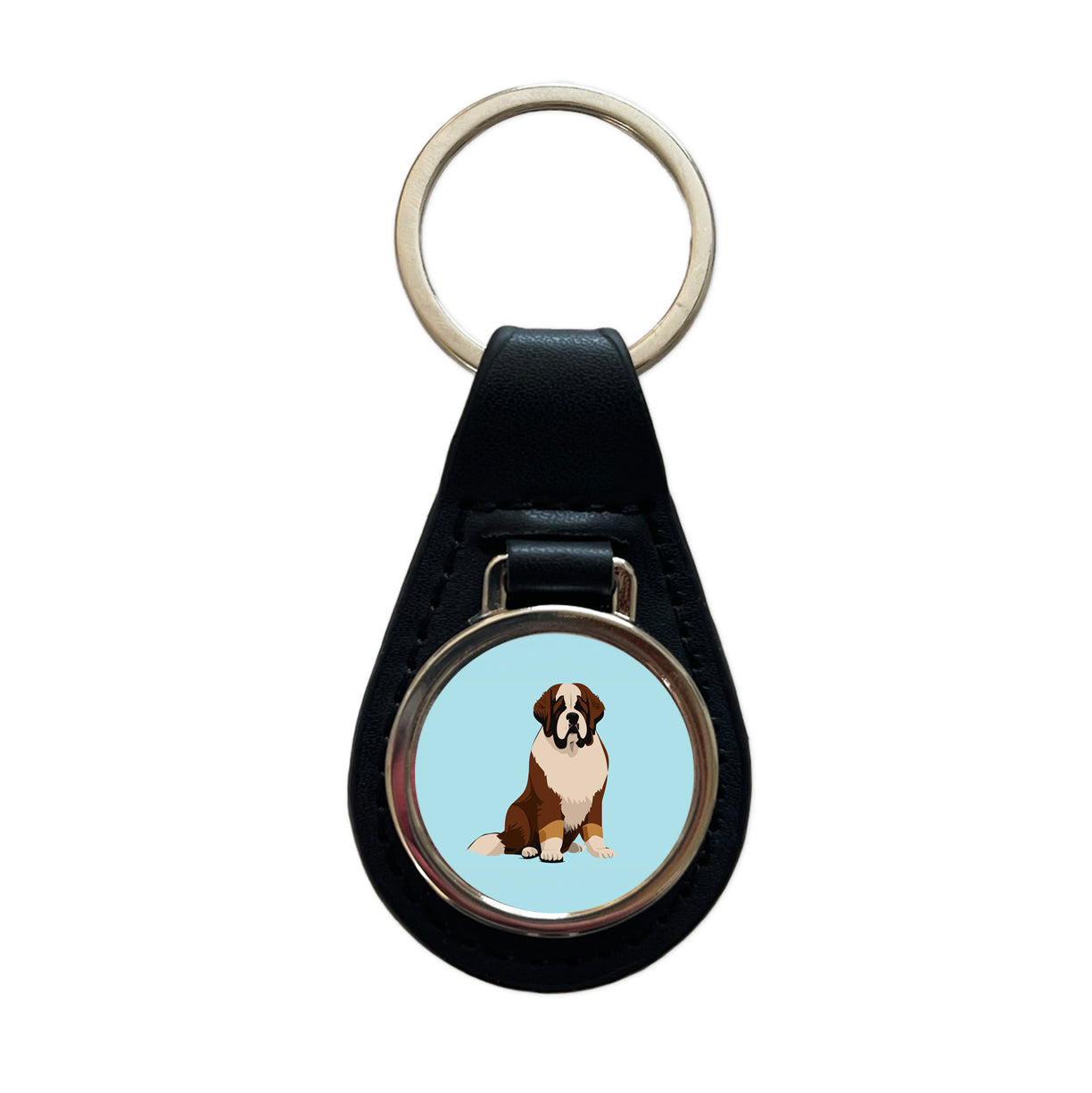 St Bernard Dog Sitting Black Leather Metal Keychain