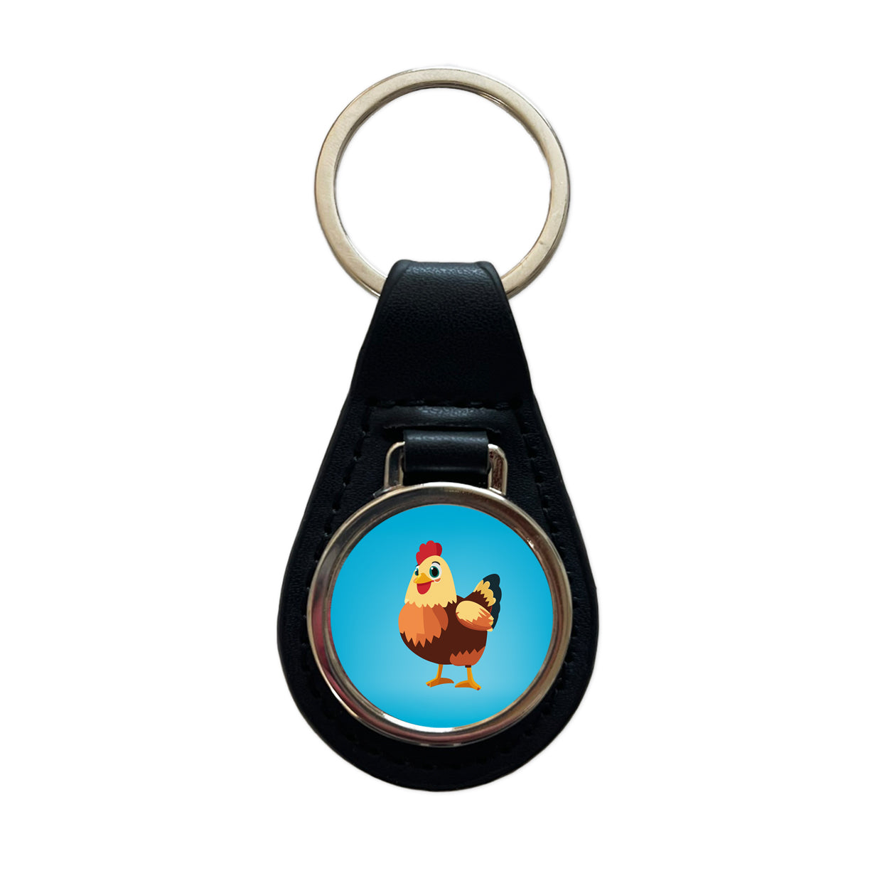 Standing Rooster Happy Black Leather Metal Keychain