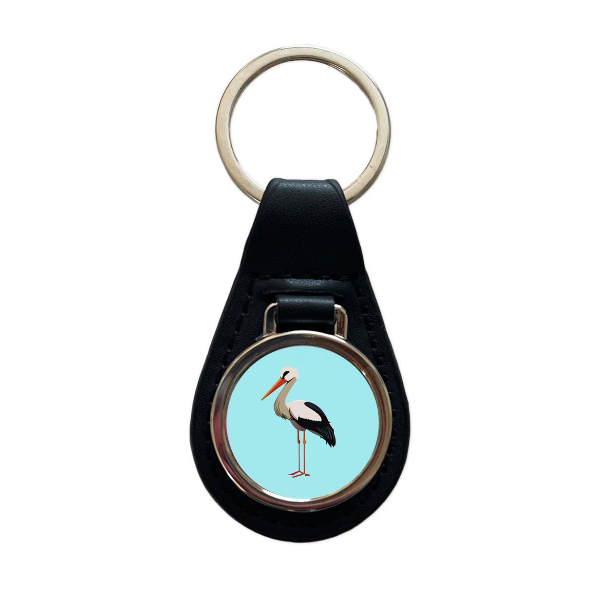 Stork Bird Profile Black Leather Metal Keychain