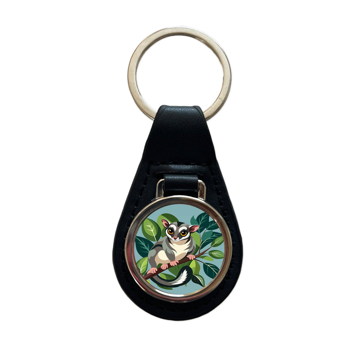 Sugar Glider on Tree Branch Black Leather Metal Keychain