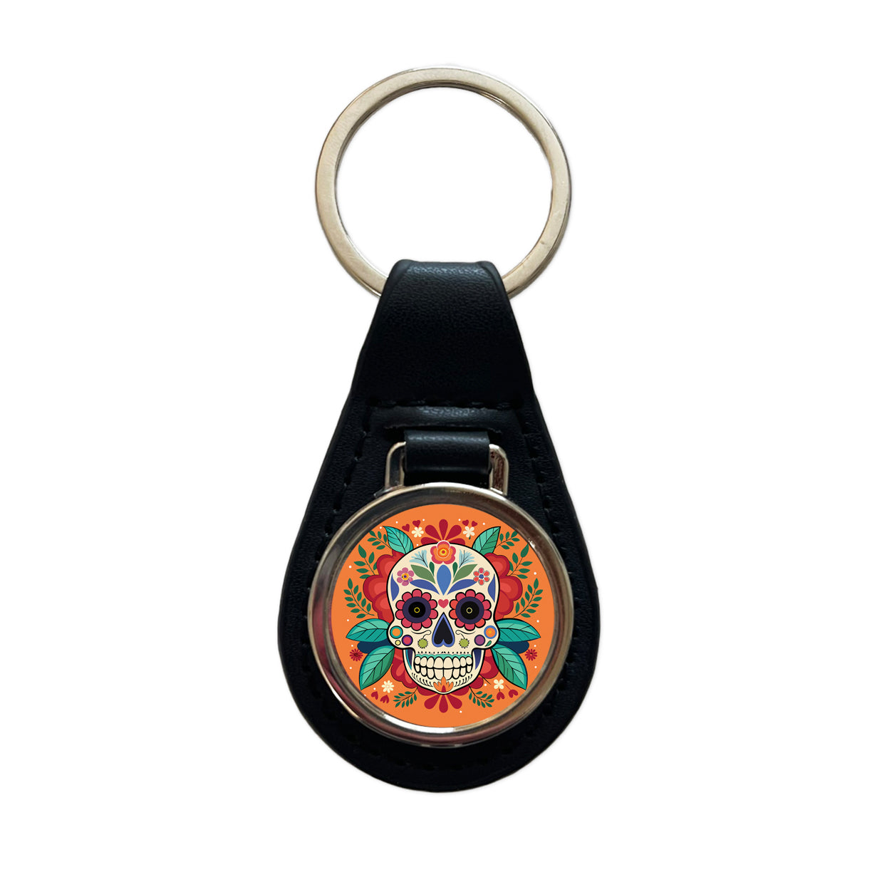 Sugar Skull with Floral Background Black Leather Metal Keychain