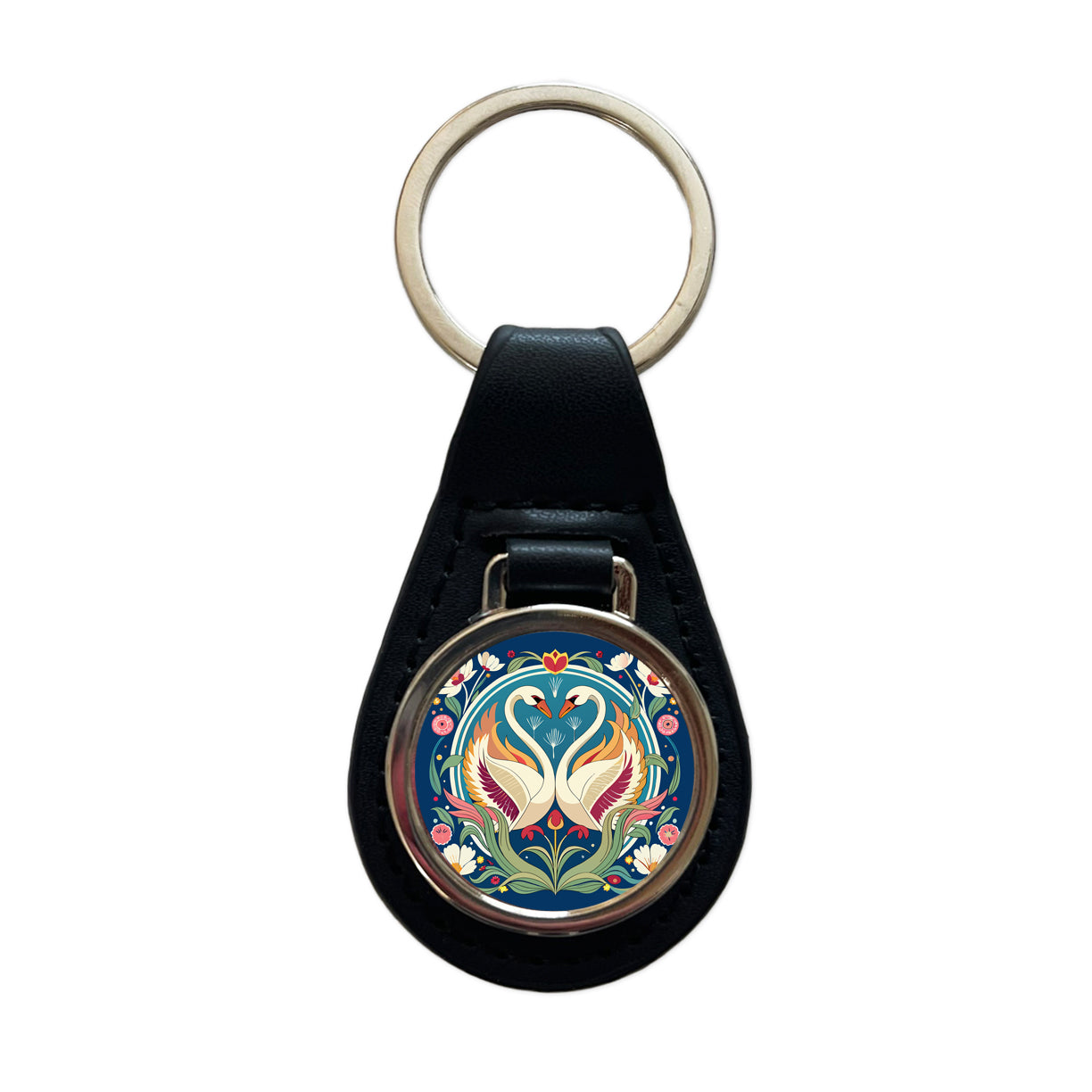 Swans Floral Art Nouveau Flowers Elegant Black Leather Metal Keychain