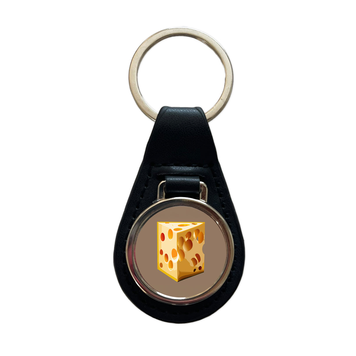 Swiss Cheese Black Leather Metal Keychain
