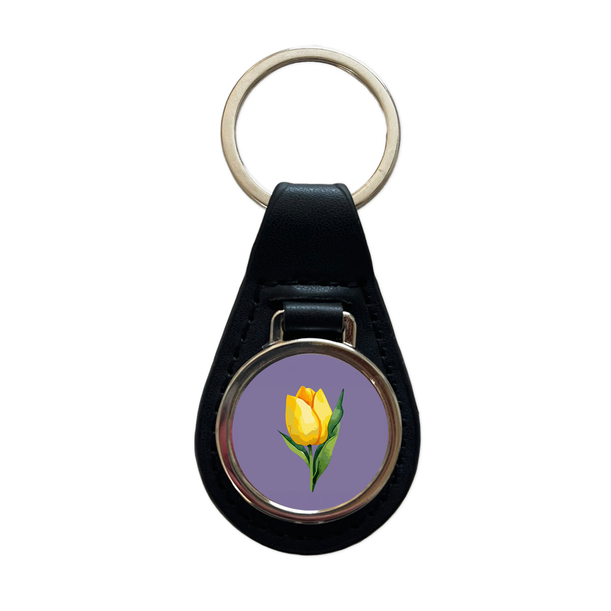 Tulip Flower Yellow Watercolor Black Leather Metal Keychain