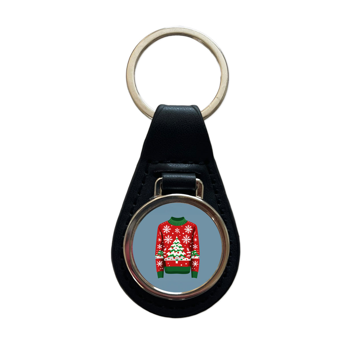 Ugly Christmas Sweater Tree Black Leather Metal Keychain