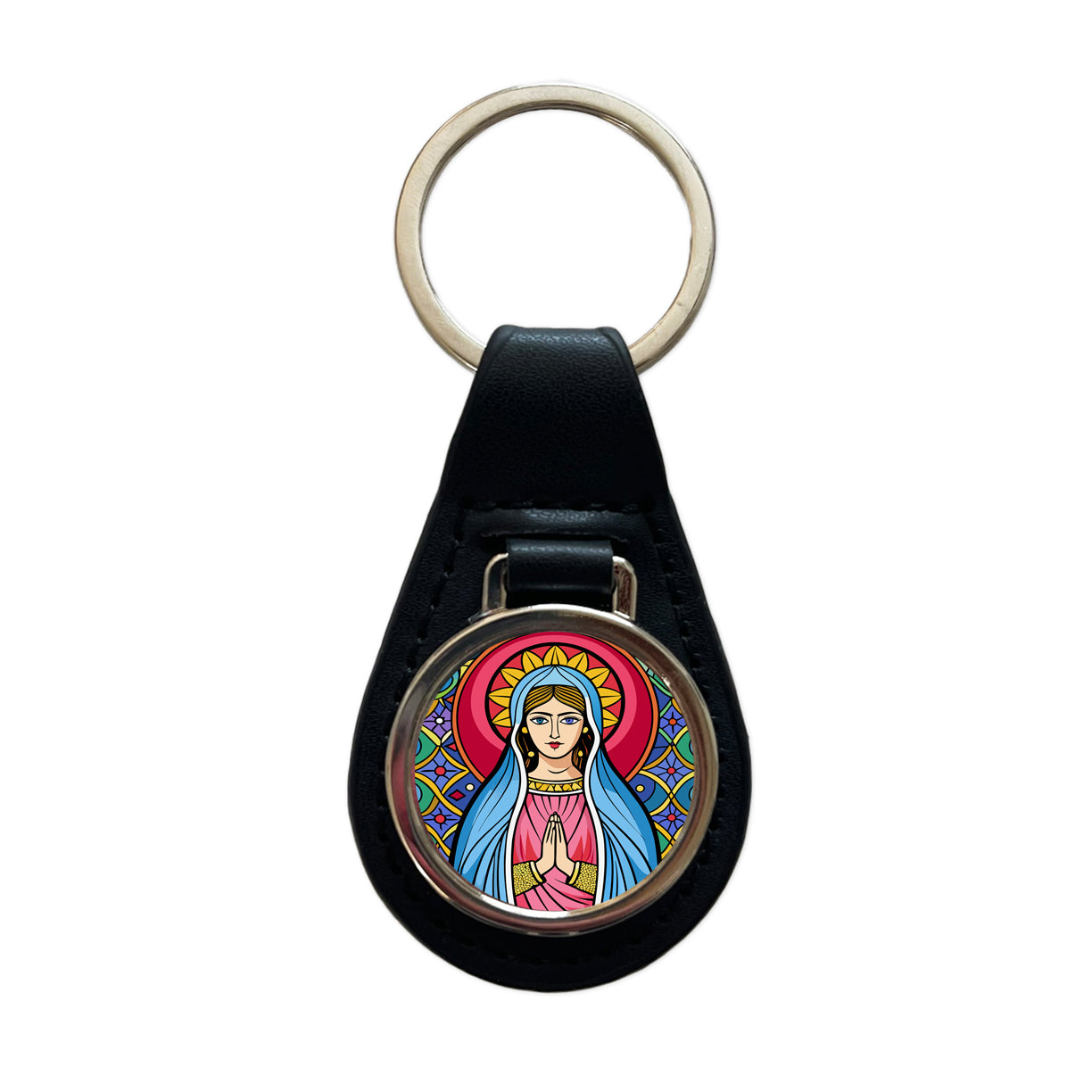Virgin Mary Stained Glass Christian Religious Catholic Black Leather Metal Keychain