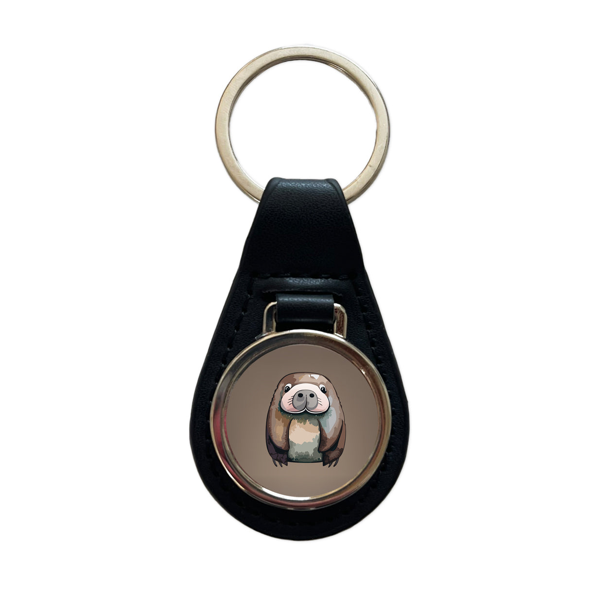 Walrus Cute Watercolor Black Leather Metal Keychain