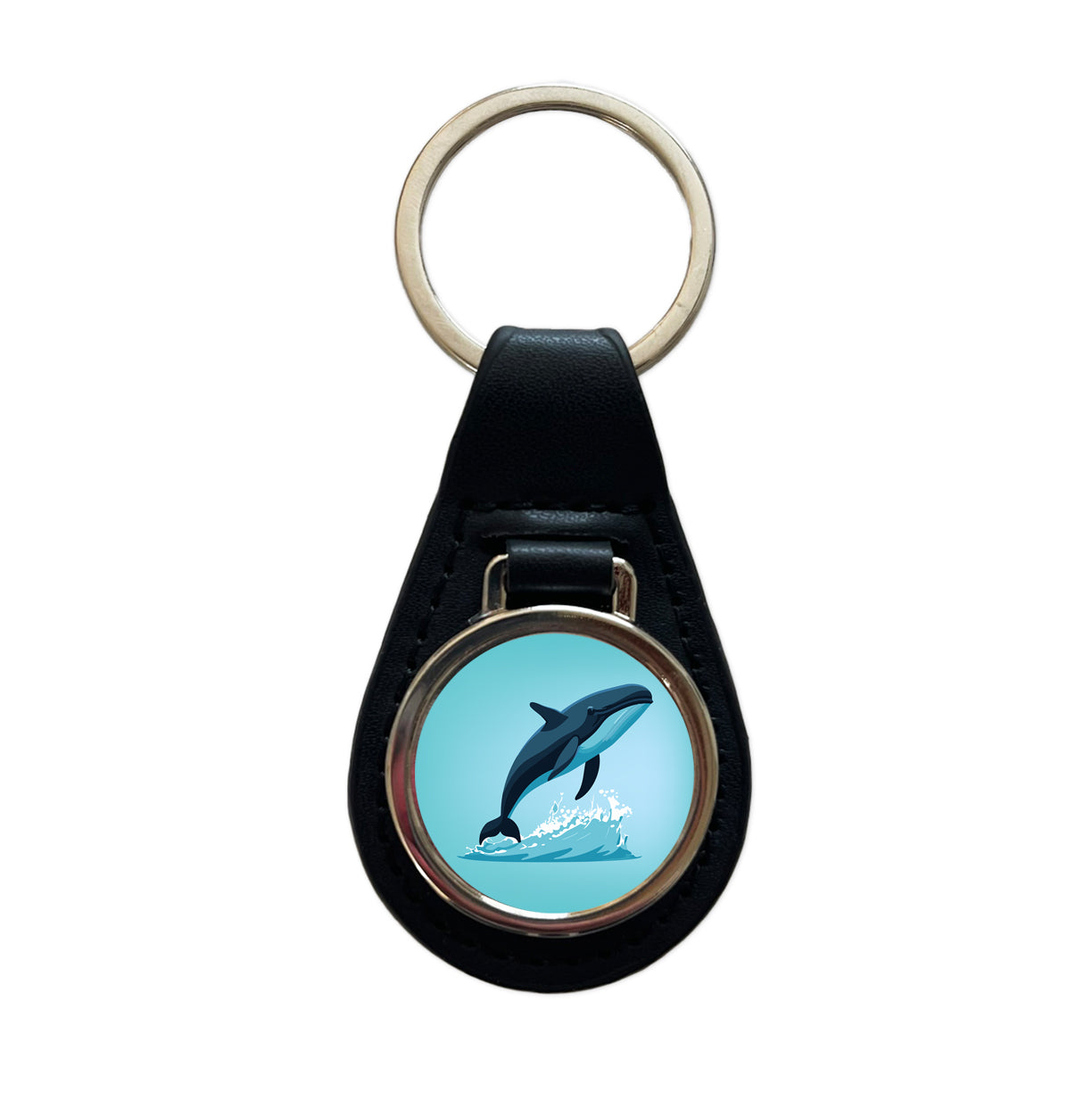 Whale Jumping Out of Water Black Leather Metal Keychain