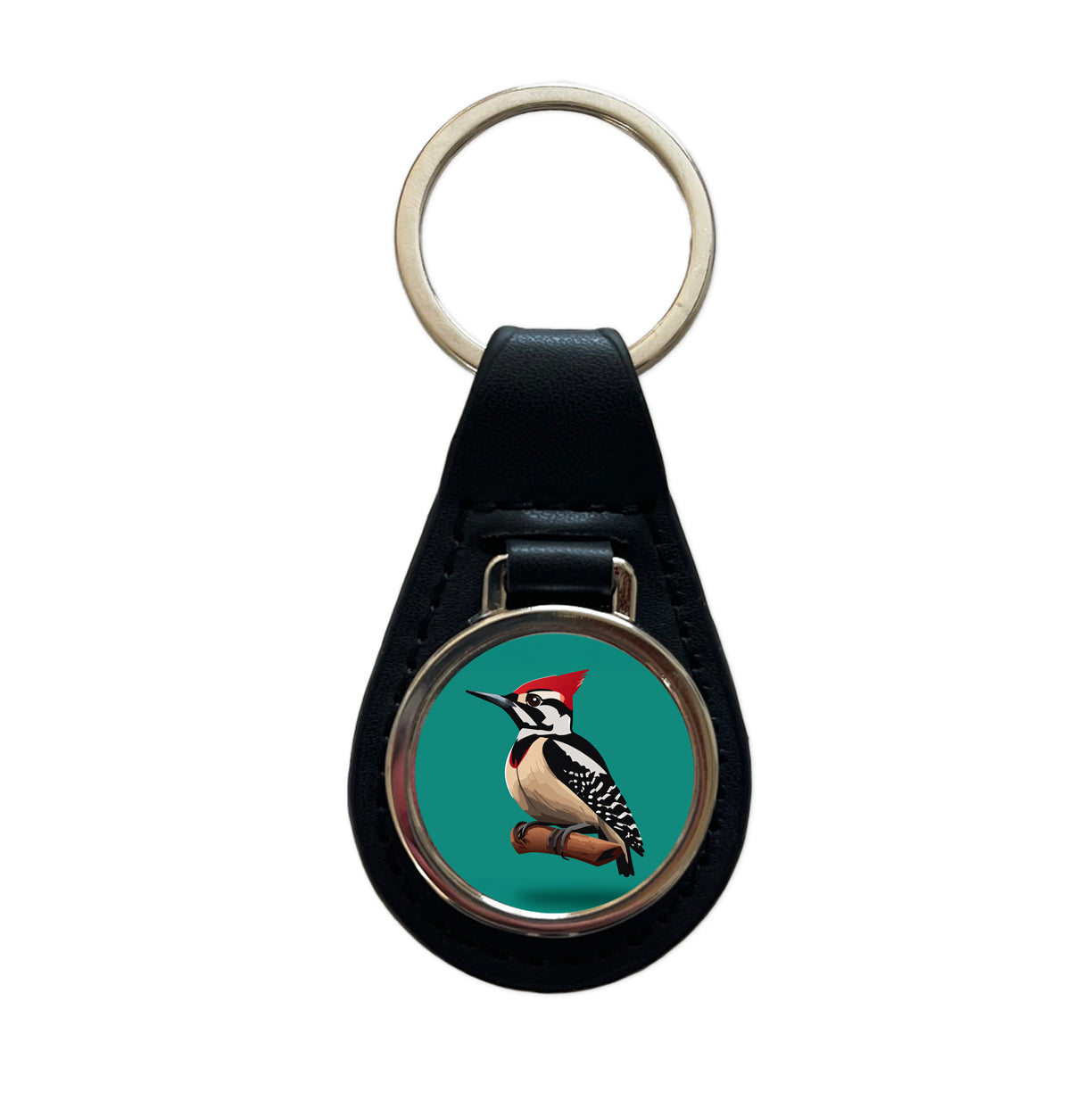 Woodpecker Bird on Branch Black Leather Metal Keychain