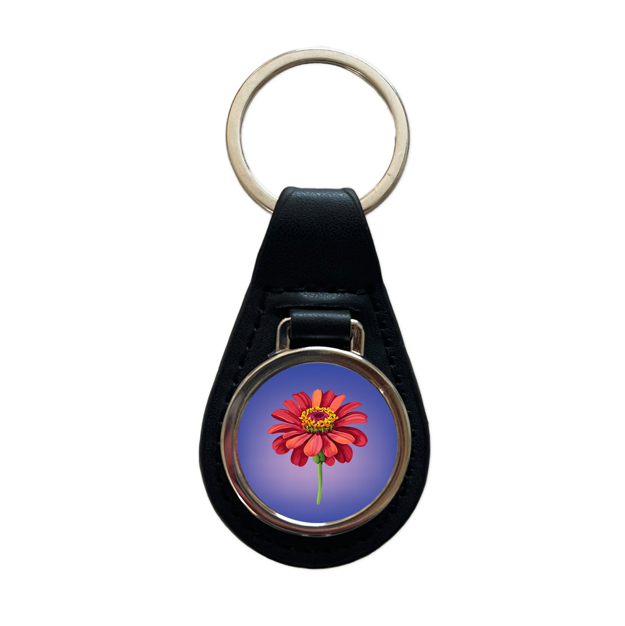 Zinnia Flower Red Watercolor Black Leather Metal Keychain