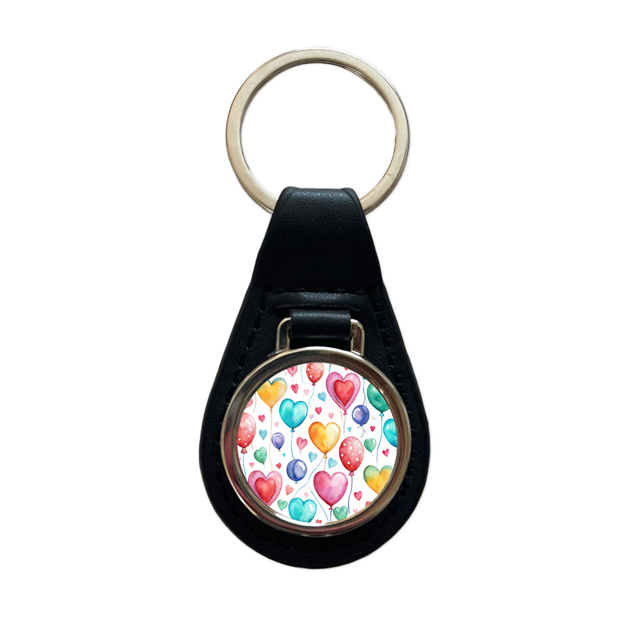Balloons Hearts Colorful Watercolor Birthday Black Leather Metal Keychain