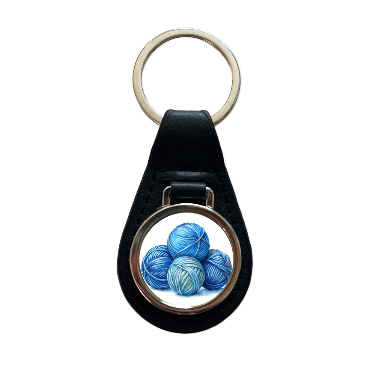Balls Of Blue Yarn Knitting Crochet Watercolor Black Leather Metal Keychain