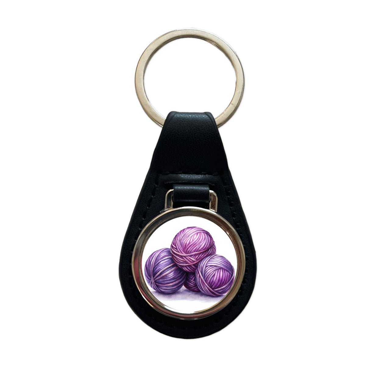 Balls Of Purple Yarn Knitting Crochet Watercolor Black Leather Metal Keychain