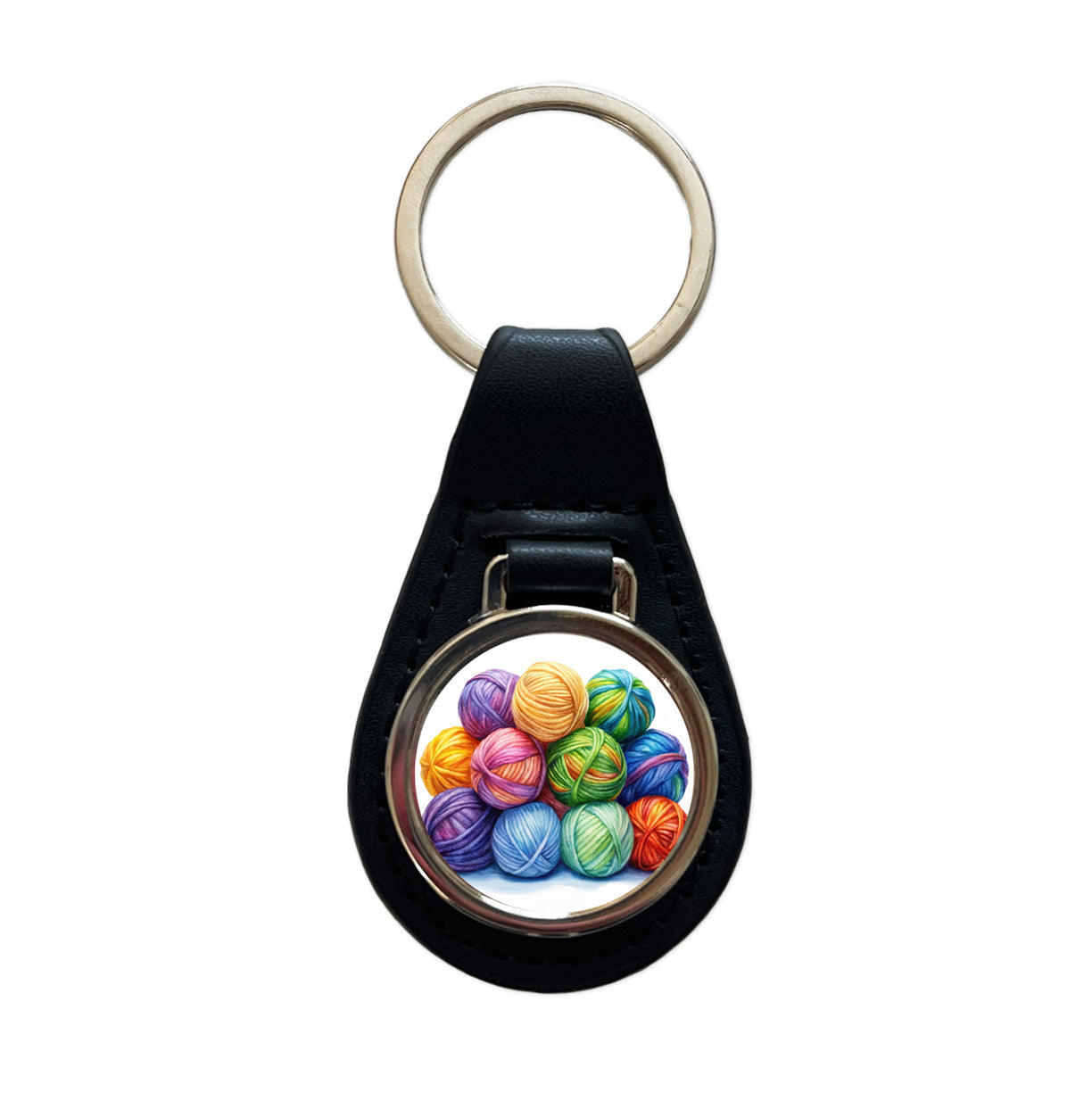 Balls Of Rainbow Yarn Knitting Crochet Watercolor Black Leather Metal Keychain