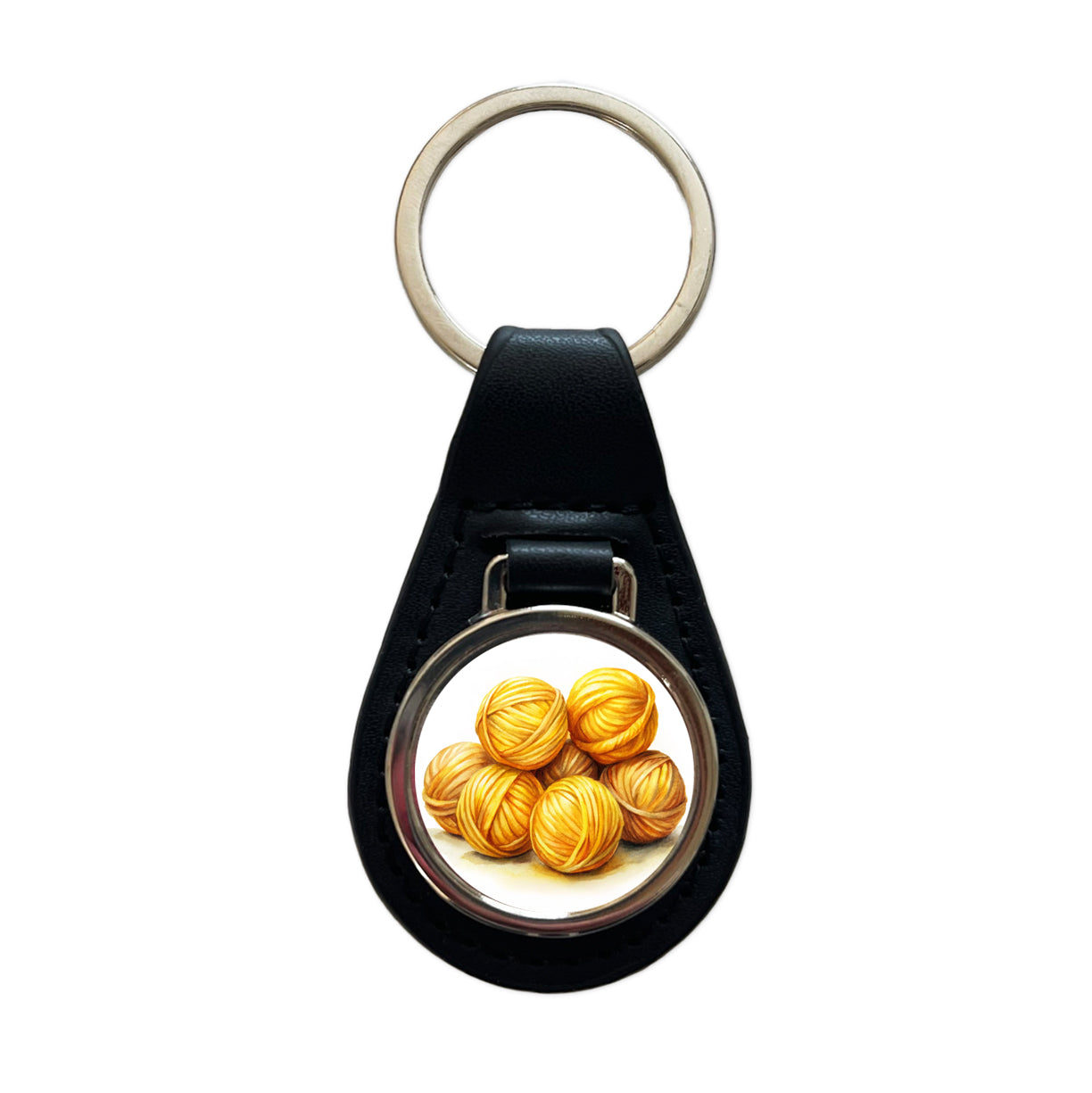 Balls Of Yellow Yarn Knitting Crochet Watercolor Black Leather Metal Keychain