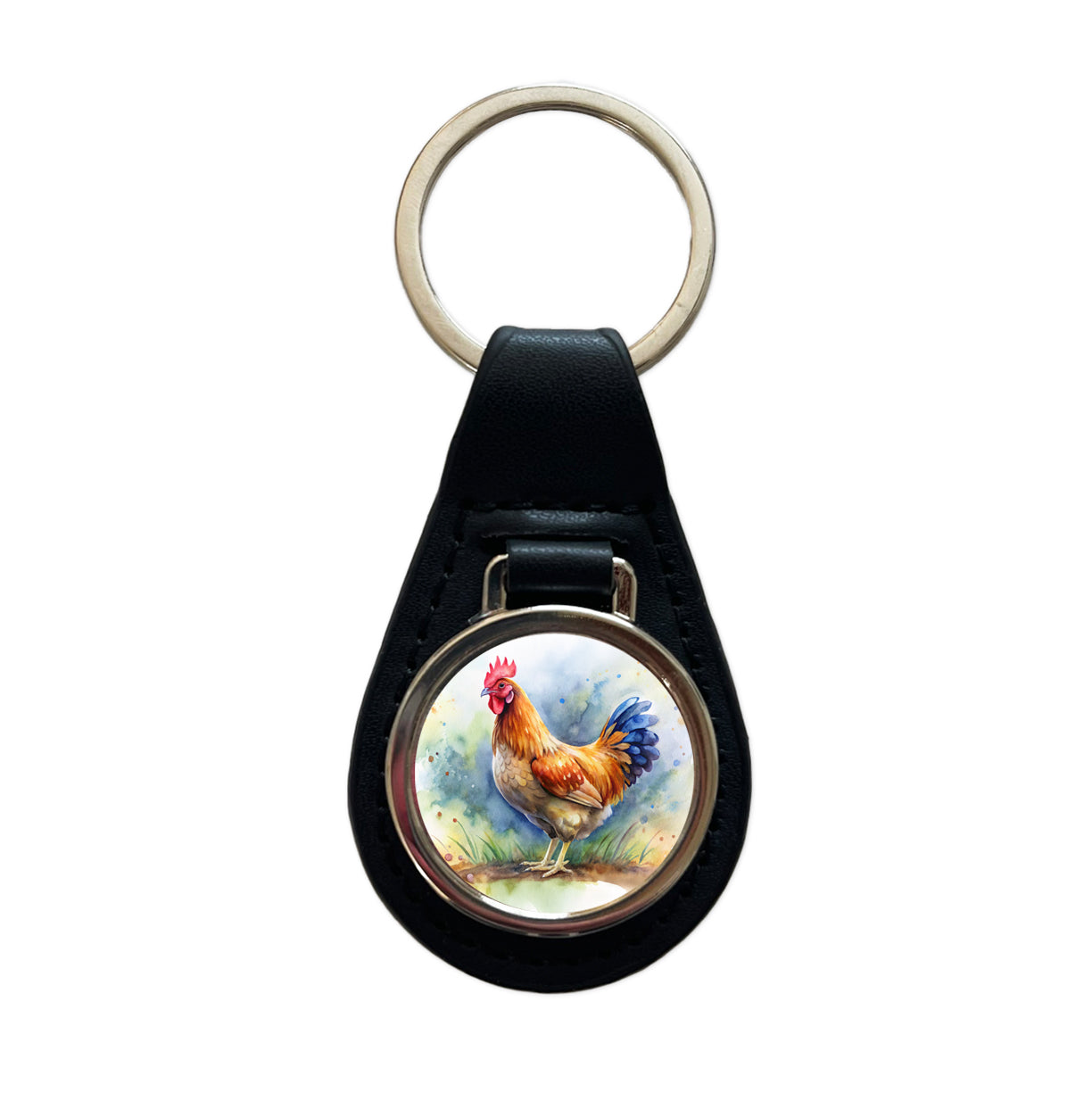 Beautiful Chicken Watercolor Black Leather Metal Keychain