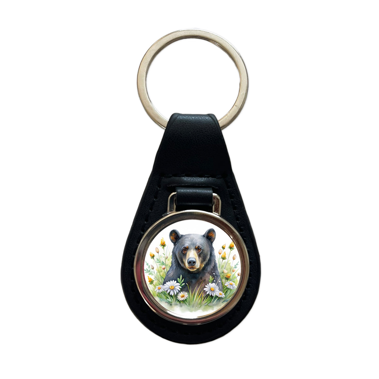 Black Bear Watercolor Design With Daisies Black Leather Metal Keychain