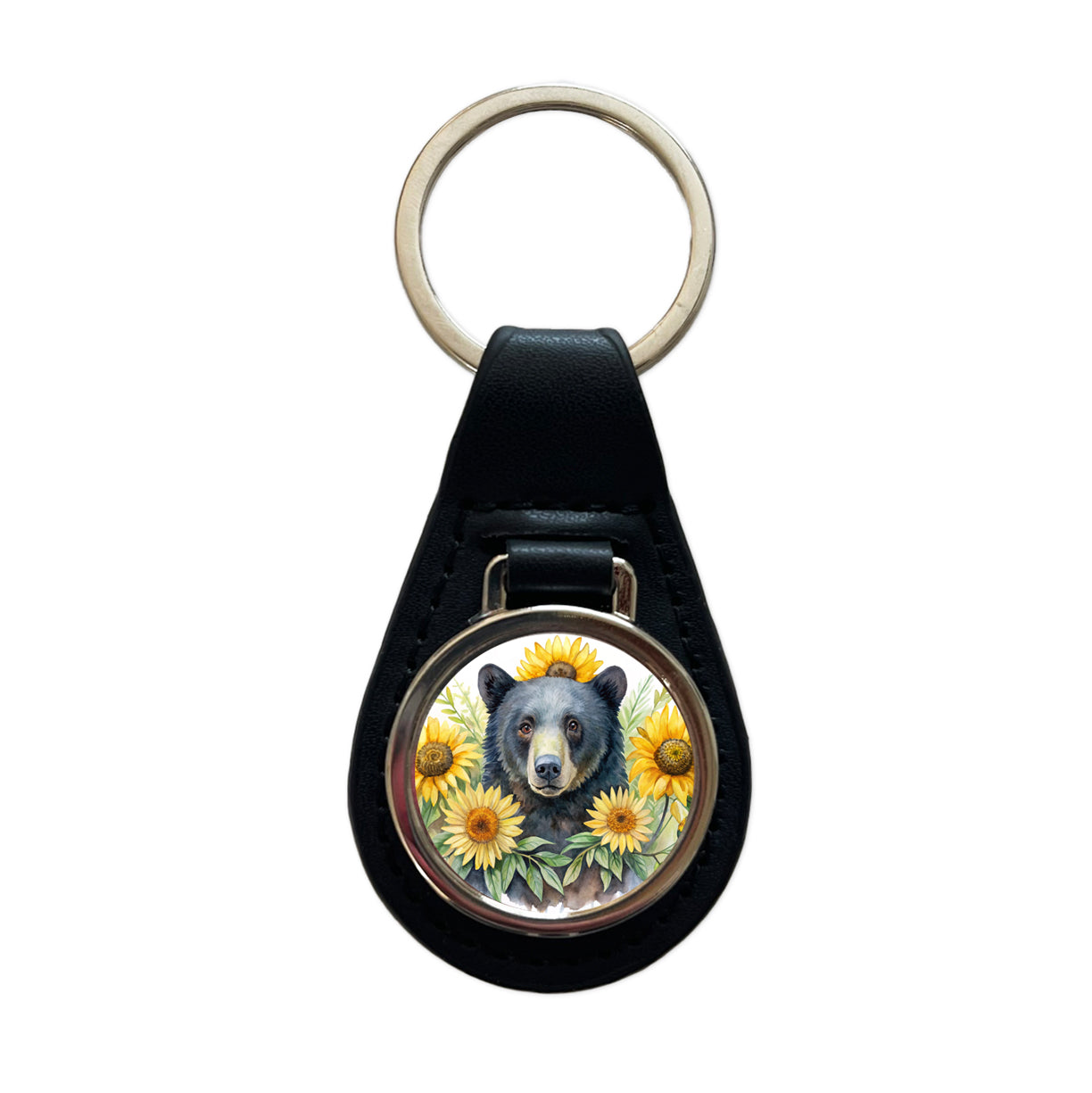 Black Bear Watercolor Design With Sunflowers Black Leather Metal Keychain