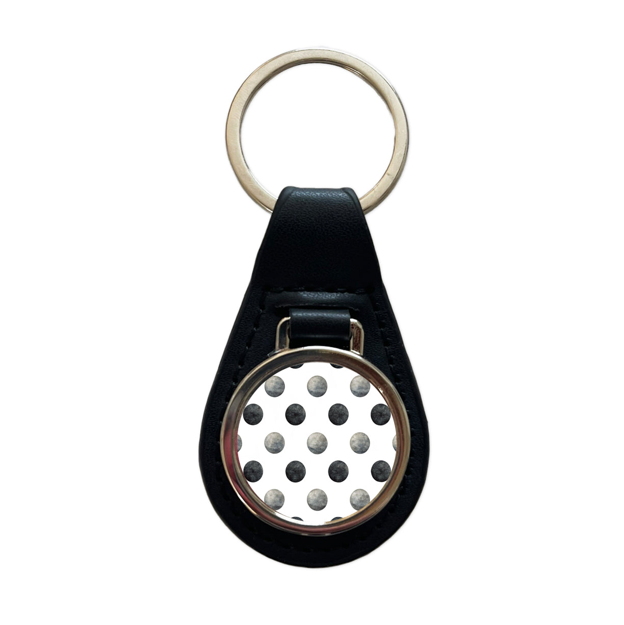 Black Polka Dots White Background Black Leather Metal Keychain