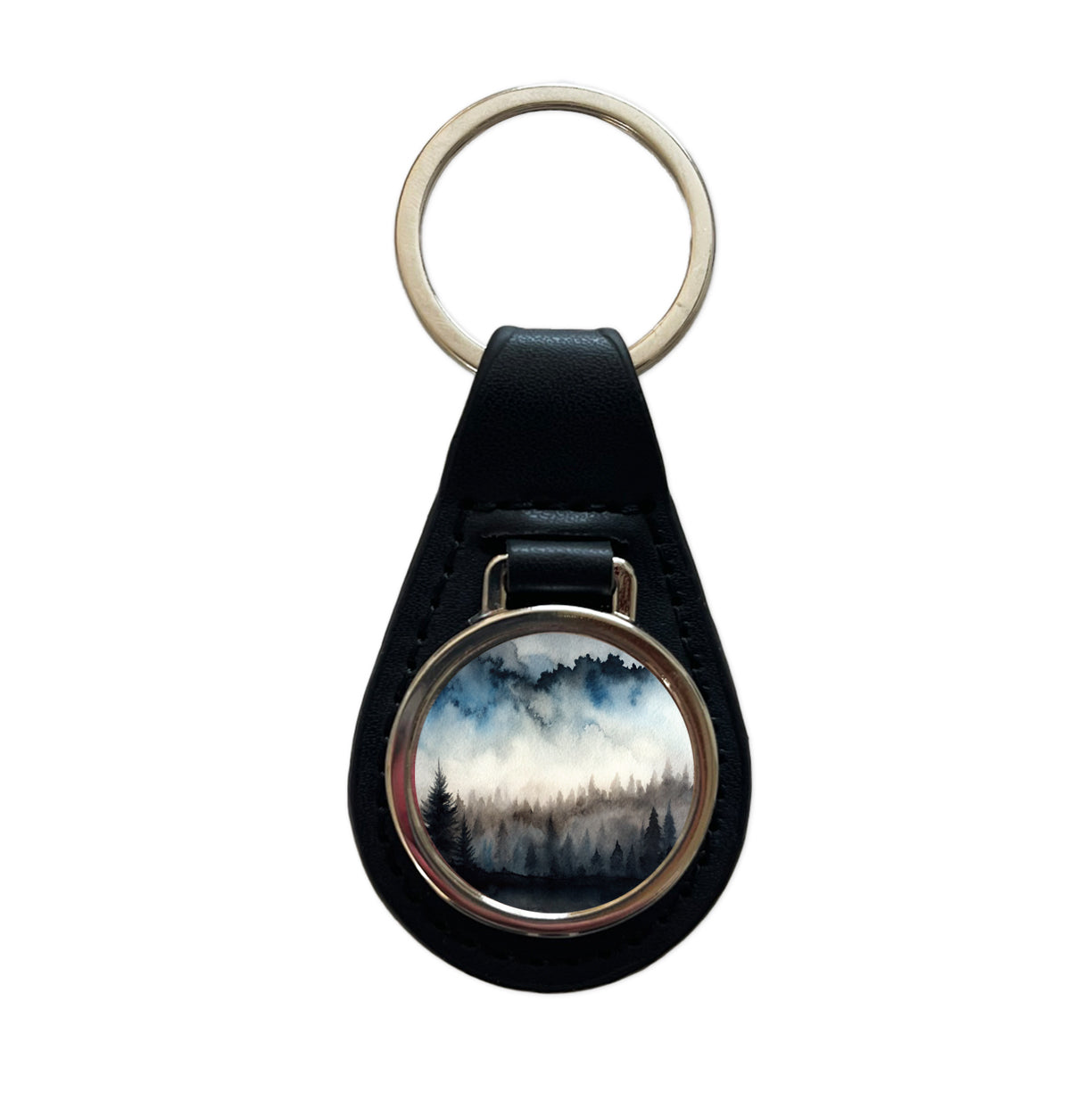 Black Shadow Forest Ombre Watercolor Black Leather Metal Keychain