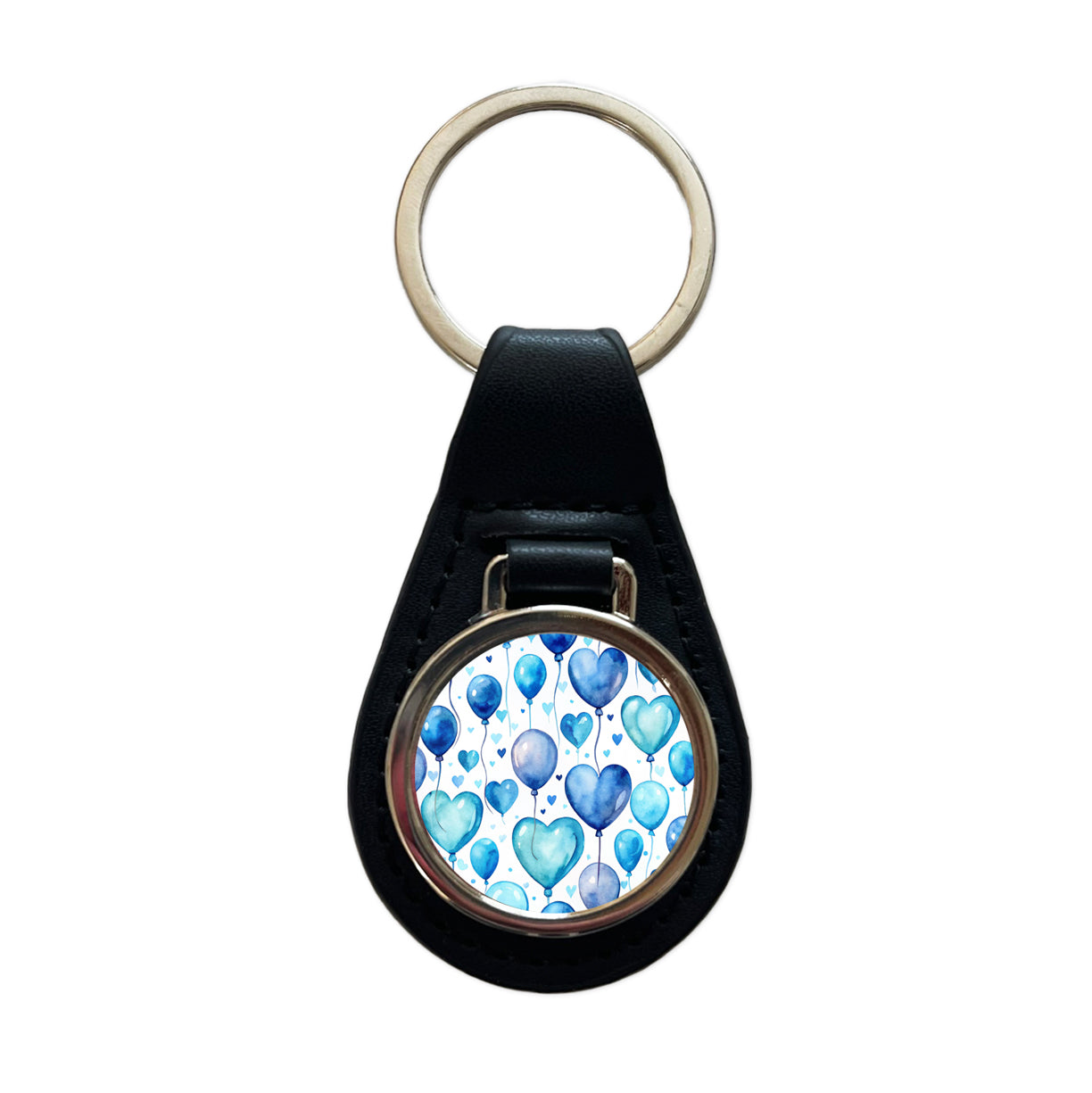 Blue Balloons Hearts Watercolor Birthday Black Leather Metal Keychain