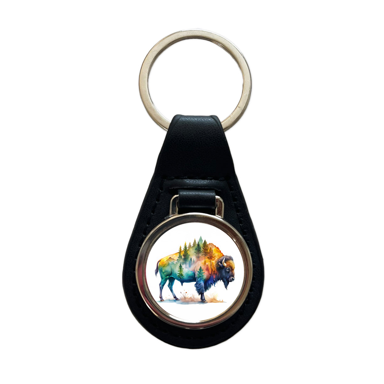 Buffalo In Forest Watercolor Design Black Leather Metal Keychain