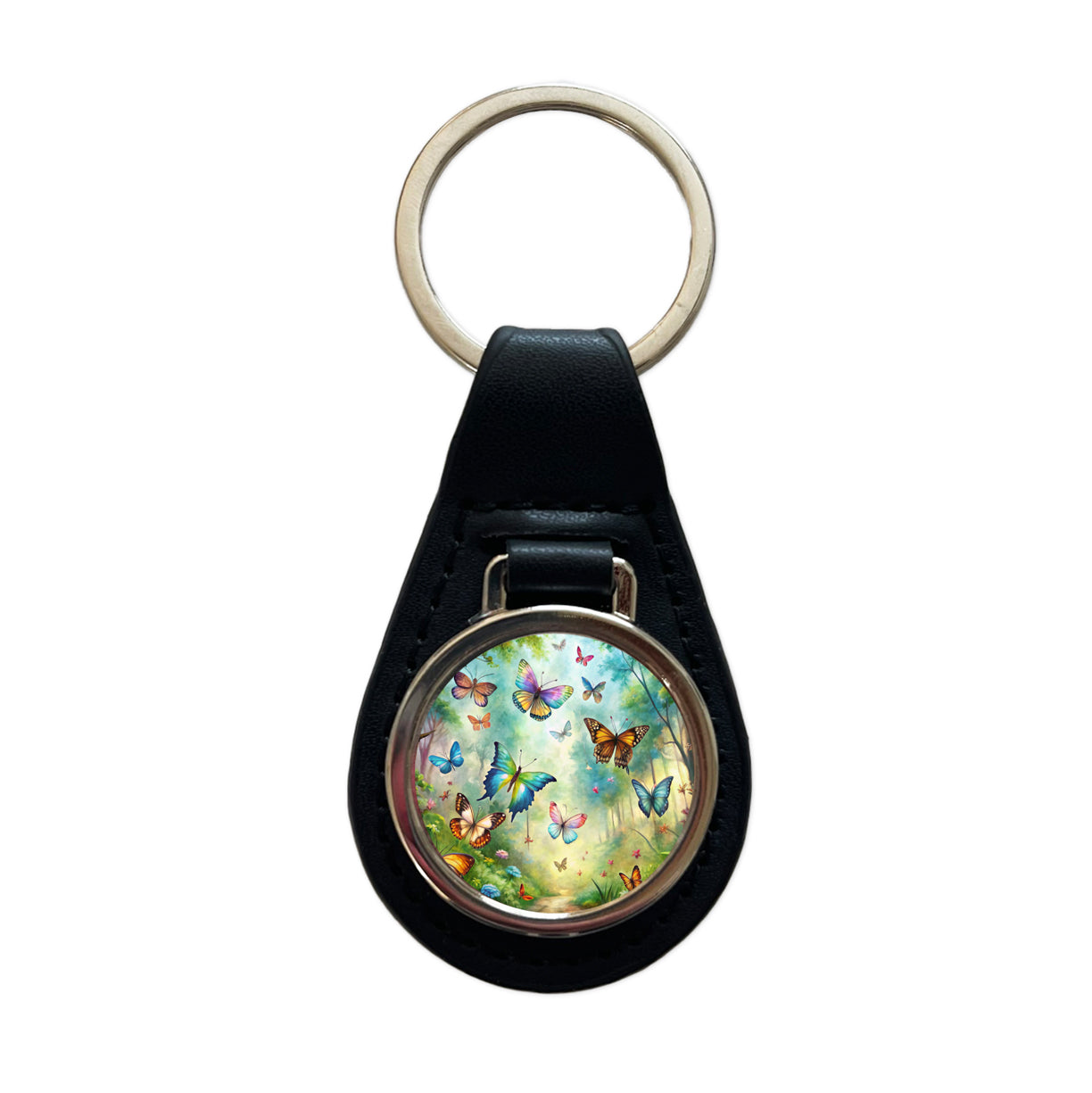 Butterflies In Forest Fantasy Watercolor Black Leather Metal Keychain