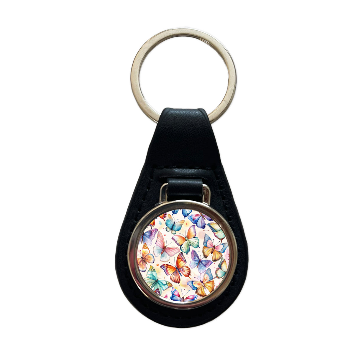 Butterflies Watercolor Black Leather Metal Keychain