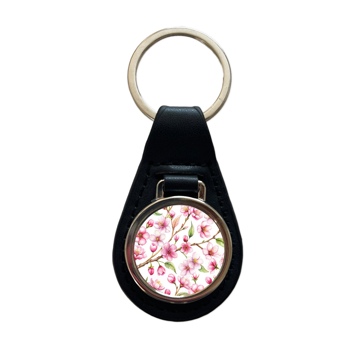 Cherry Blossom Flowers White Black Leather Metal Keychain