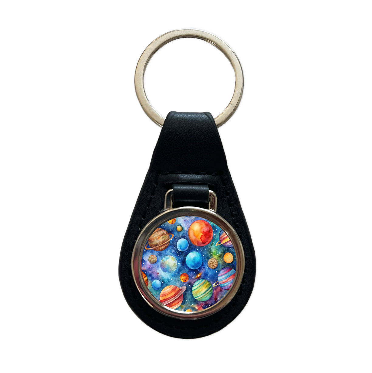 Colorful Planets In Space Watercolor Black Leather Metal Keychain