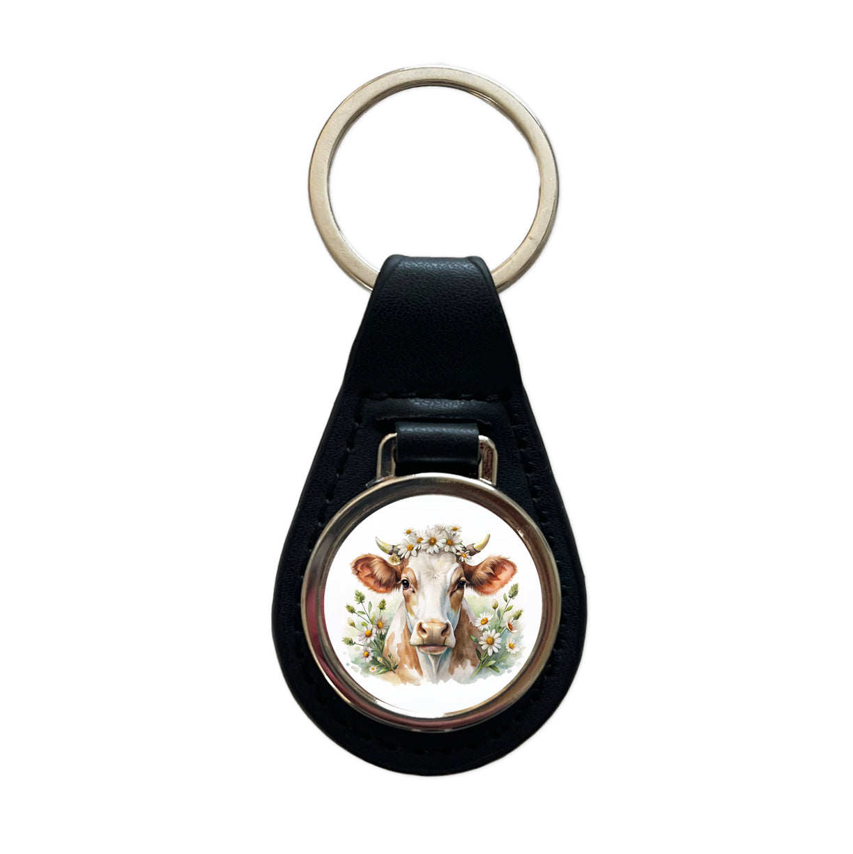 Cow Watercolor With Daisies Black Leather Metal Keychain