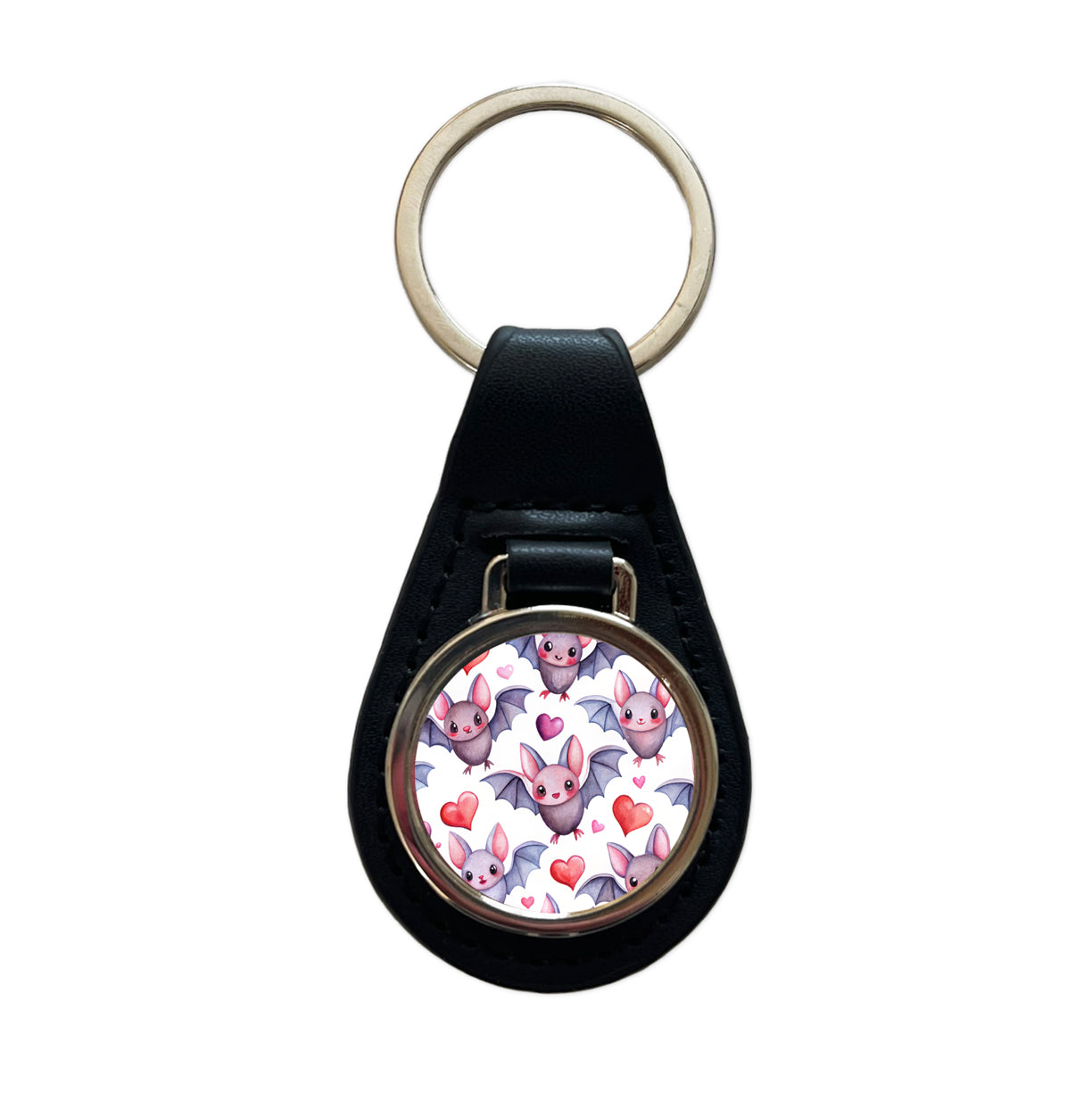Cute Bats Hearts Watercolor Black Leather Metal Keychain