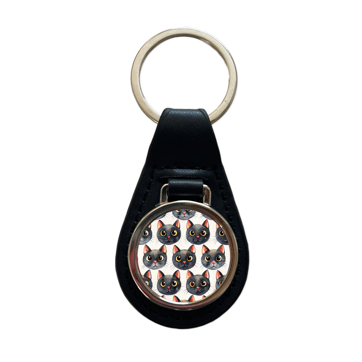Cute Black Cat Faces Watercolor Black Leather Metal Keychain