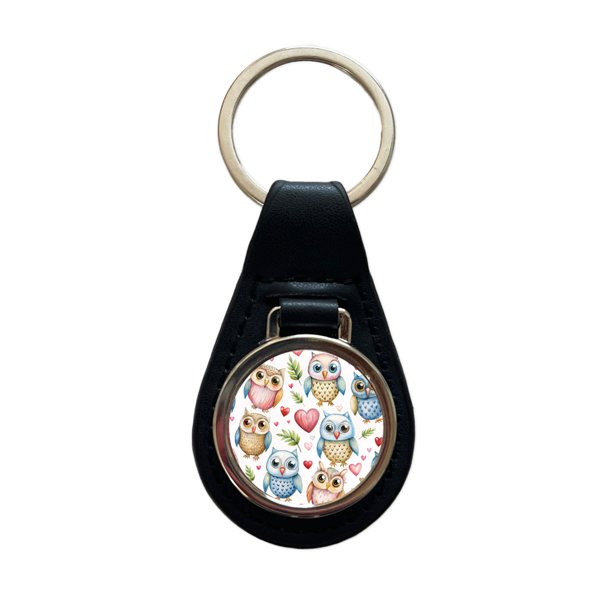 Cute Owls Hearts Watercolor Black Leather Metal Keychain